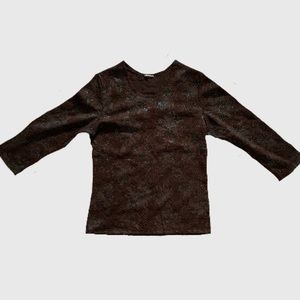 Vintage Brown Floral Top with Blue Sparkly Threading 3/4 Length Sleeves